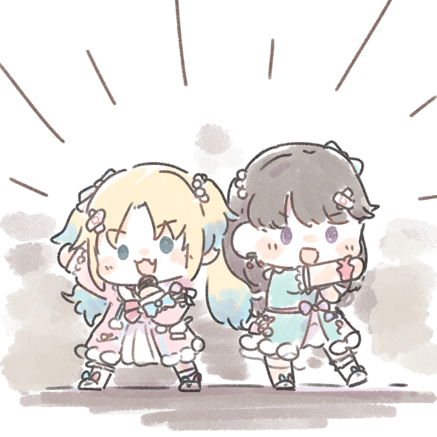 2girls :d ao_kaeru aqua_dress arm_up bandaid bandaid_hair_ornament bow brown_hair chibi chibi_only commentary_request dress fang fujishima_megumi hair_bow hair_ornament hakuchu_a_la_mode highres link!_like!_love_live! long_hair long_sleeves looking_at_viewer love_live! medium_dress mira-cra_park! multiple_girls open_mouth osawa_rurino outstretched_arm pink_dress purple_eyes short_sleeves skin_fang slippers smile socks two_side_up v-shaped_eyebrows virtual_youtuber white_slippers white_socks x_hair_ornament