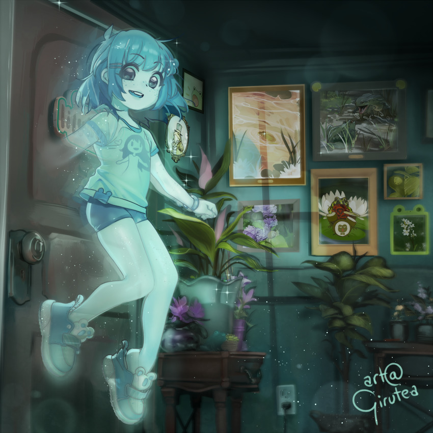 1girl artist_name bangle bracelet character_name chipped_tooth door doorknob drum drumsticks electrical_outlet floating flower freckles frog ghost girutea glowing hair_bobbles hair_ornament hairclip hat highres indie_virtual_youtuber indoors instrument jewelry light_particles lily_hopkins lily_pad looking_at_viewer no_socks open_mouth painting_(object) petite plant potted_plant print_shirt shirt shoe_dangle shoes short_hair short_sleeves skindentation smile sneakers solo sparkle spooky&#039;s_house_of_jump_scares spooky_(shojs) table through_wall top_hat vase virtual_youtuber water