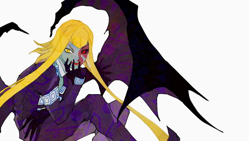1brad black_gloves black_sclera blonde_hair blue_skin bracelet colored_sclera colored_skin demon_(megami_tensei) demon_wings devil_summoner:_soul_hackers devil_summoner_(series) gloves hand_on_own_chin hand_up heterochromia highres jewelry jumpsuit knees_up loki_(megami_tensei) long_hair looking_at_viewer male_focus partially_shaded_face pointy_footwear purple_jumpsuit red_eyes shenhaihua shin_megami_tensei sitting solo wings yellow_eyes