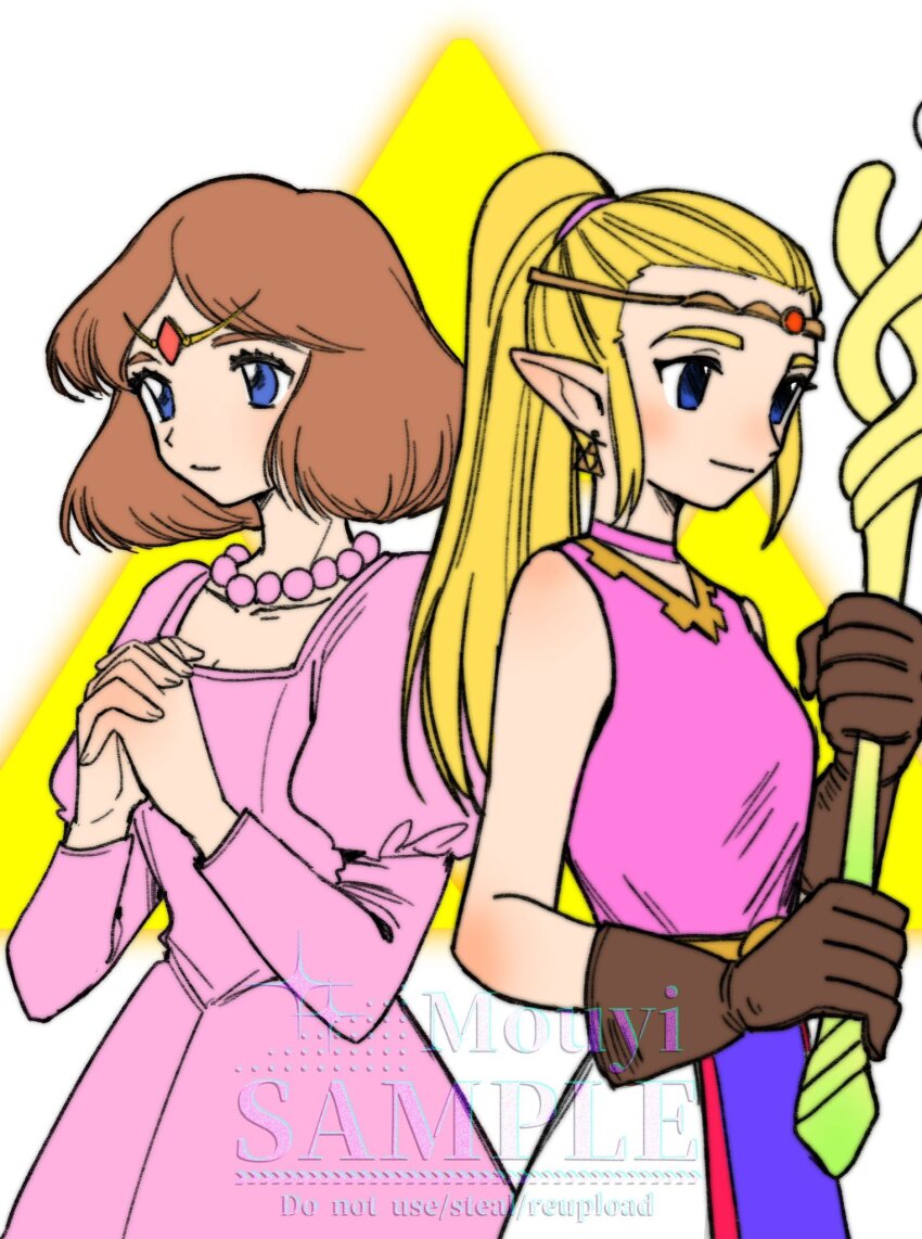 2girls belt blonde_hair blue_eyes brown_gloves dress earrings eyelashes gloves gold gold_earrings highres holding holding_staff jewelry long_hair long_sleeves looking_to_the_side mouyi multiple_girls necklace nintendo pink_dress pointy_ears ponytail princess_zelda puffy_long_sleeves puffy_sleeves short_hair sleeveless sleeveless_dress smile staff the_legend_of_zelda the_legend_of_zelda:_echoes_of_wisdom the_legend_of_zelda_(nes) tiara tri_rod triforce upper_body white_dress