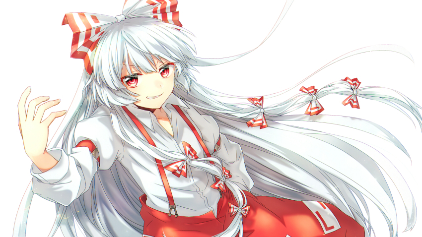 1girl aka_tonbo_(lililil) arm_up bow collared_shirt commentary_request dutch_angle fujiwara_no_mokou fushigi_no_gensokyo grin hair_bow hand_in_pocket long_hair long_sleeves looking_at_viewer multiple_hair_bows ofuda ofuda_on_clothes pants red_eyes red_pants shirt simple_background smile solo suspenders touhou very_long_hair white_background white_bow white_hair white_shirt