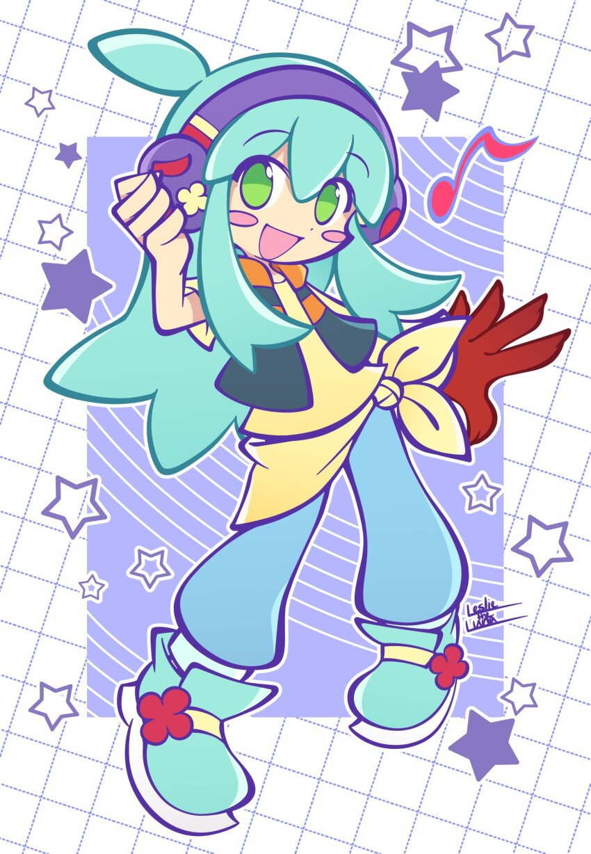 1other :d absurdres adjusting_clothes adjusting_headphones adjusting_headwear ahoge androgynous aqua_hair aqua_shoes arm_at_side asymmetrical_arms bandana black_jacket blue_pants blush_stickers border borrowed_character contrapposto deformed dot_nose double-parted_bangs full_body gift_art gloves green_eyes grid_background hand_up happy headphones highres jacket leslietheluna long_hair looking_at_viewer multicolored_jacket musical_note open_clothes open_hand open_jacket open_mouth orange_jacket original other_focus pants parody purple_background purple_headphones puyopuyo red_gloves sash shirt shoes short_sleeves sidelocks sideways_glance single_glove sleeveless sleeveless_jacket smile solo standing star_(symbol) star_symbol_background style_parody three_quarter_view two-tone_background waist_sash white_background white_border yellow_sash yellow_shirt