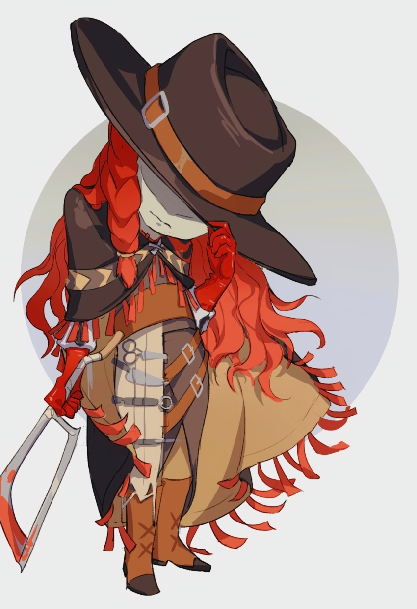 1boy adjusting_clothes adjusting_headwear aleph_(reverse:1999) black_cape black_hat boots brown_boots brown_pants cape chibi circle da_ge_penqi facing_viewer full_body gloves grey_background hacksaw hand_on_headwear hand_up hat hat_over_eyes head_down highres holding_saw long_hair male_focus mask merlin_(reverse:1999) pants red_gloves reverse:1999 saw scalpel solo standing surgical_scissors tool_kit very_long_hair