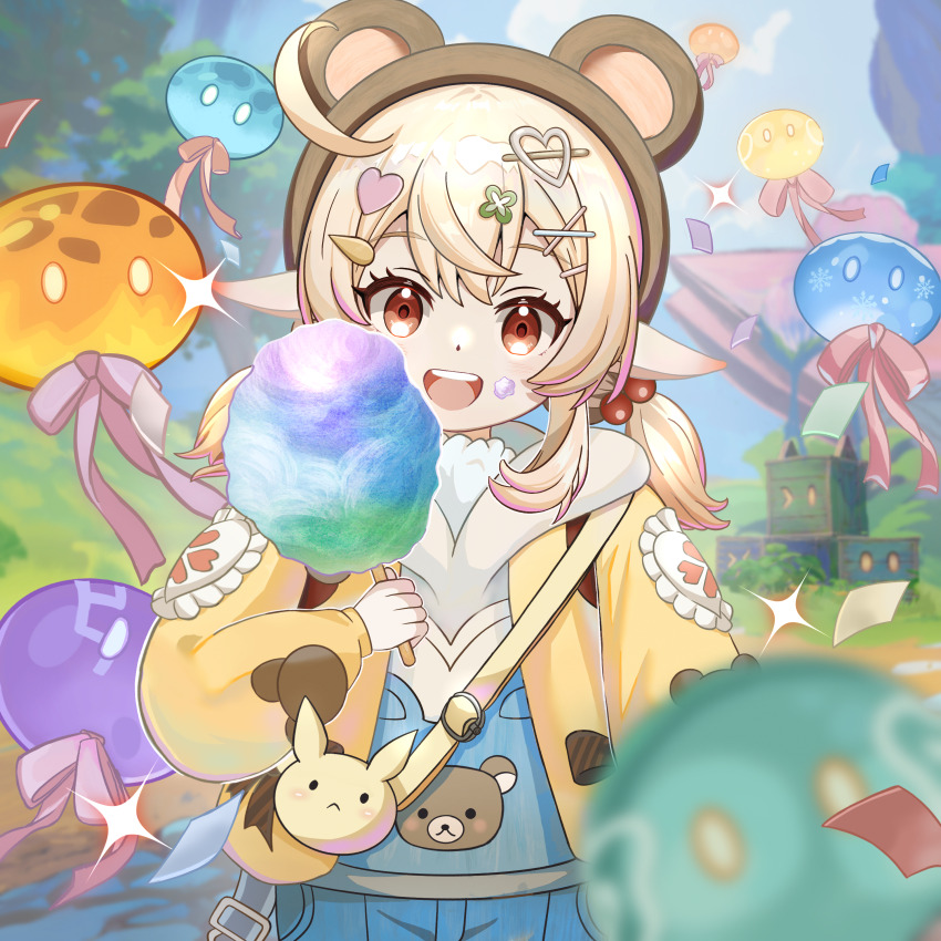 1girl absurdres ahoge anemo_slime_(genshin_impact) animal_ears animal_print bag bear_print blonde_hair blurry blurry_foreground box child clover_hair_ornament commentary_request cotton_candy cowboy_shot crossed_bangs dodoco_(genshin_impact) dot_nose fake_animal_ears food food_on_face genshin_impact grass guoranchi hair_bobbles hair_ornament handbag heart heart_hair_ornament highres holding holding_cotton_candy holding_food hood hoodie klee_(genshin_impact) long_pointy_ears long_sleeves multicolored_hair open_mouth outdoors pink_hair pink_ribbon pointy_ears puffy_long_sleeves puffy_sleeves red_eyes ribbon sky slime_(genshin_impact) solo sparkle streaked_hair teeth tree two-tone_hair upper_teeth_only x_hair_ornament yellow_sleeves