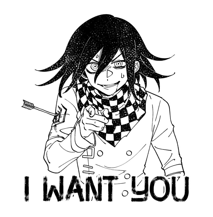 1boy arm_belt arrow_(projectile) arrow_in_body blood blood_from_mouth buttons checkered_clothes checkered_scarf commentary danganronpa_(series) danganronpa_v3:_killing_harmony english_text flipped_hair greyscale hair_between_eyes highres i_want_you long_sleeves looking_at_viewer male_focus mmo48_kin monochrome oma_kokichi pointing pointing_at_viewer propaganda ringed_eyes scarf shirt short_hair simple_background smile solo spoilers sweatdrop teeth two-tone_scarf upper_body white_background