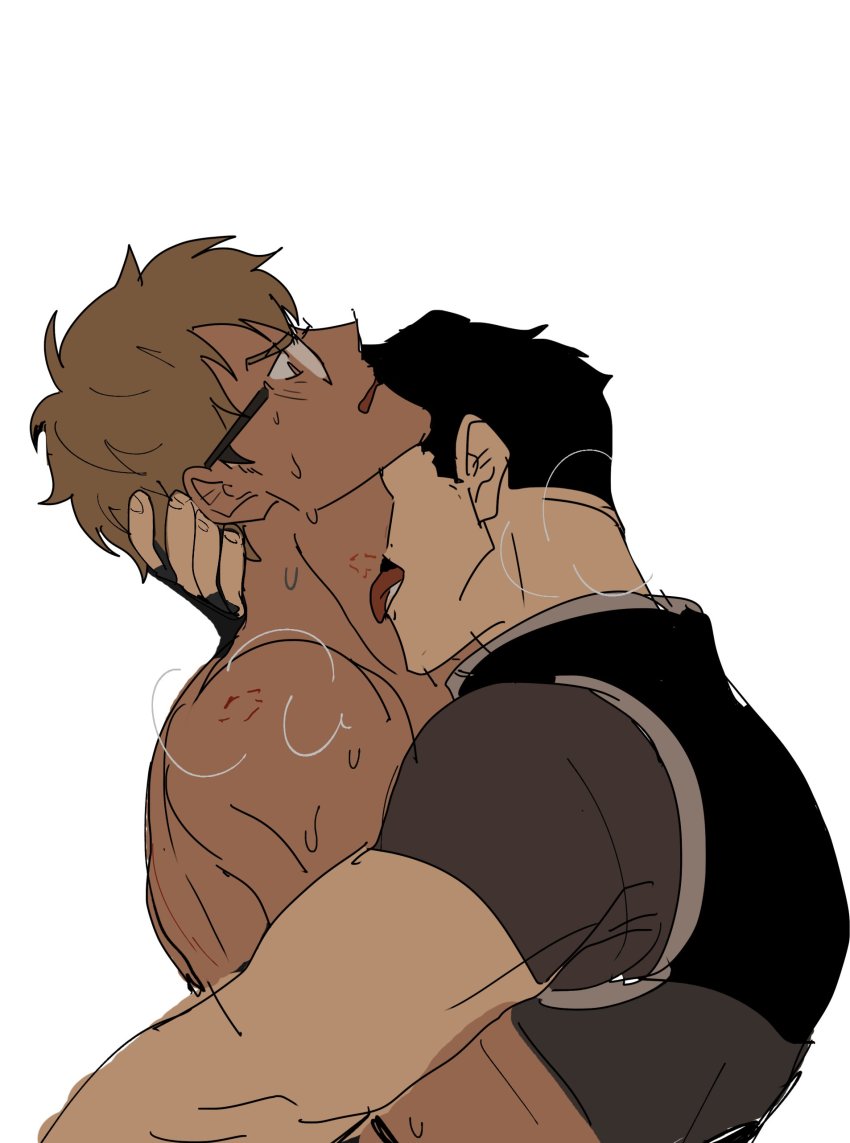 2boys absurdres adam_(voltron) bad_id bad_twitter_id bite_mark black_hair brown_eyes dark-skinned_male dark_skin highres holding hyakujuu-ou_golion kendy_(revolocities) licking looking_at_another male_focus multiple_boys open_mouth short_sleeves simple_background sweatdrop takashi_shirogane upper_body voltron:_legendary_defender voltron_(series) white_background yaoi