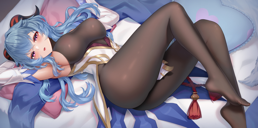 1girl absurdres ahoge arm_up armpits bed black_pantyhose blue_hair blush bodystocking bodystocking_only bodysuit breasts detached_sleeves feet ganyu_(genshin_impact) genshin_impact heart heart-shaped_pillow highres hong_bai horns long_hair looking_at_viewer lying medium_breasts on_back open_mouth pantyhose pillow purple_eyes sideboob sidelocks solo tassel thighs toes white_sleeves