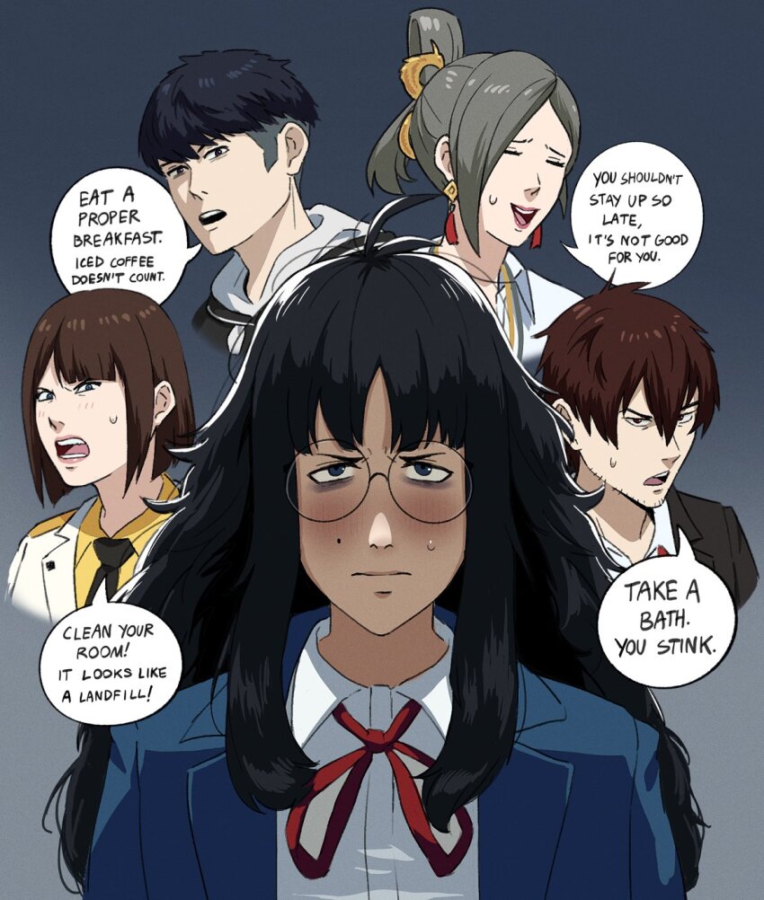2boys 3girls arashi_(francisco_mon) bags_under_eyes black_hair blue_eyes blush brown_hair closed_eyes collared_shirt earrings english_text facial_hair francisco_mon glasses gradient_background grey_hair highres jewelry jimiko long_hair looking_at_viewer messy_hair mole multiple_boys multiple_girls neck_ribbon necktie open_mouth original ponytail ribbon round_eyewear school_uniform shirt short_hair sweat umi_(francisco_mon) undercut