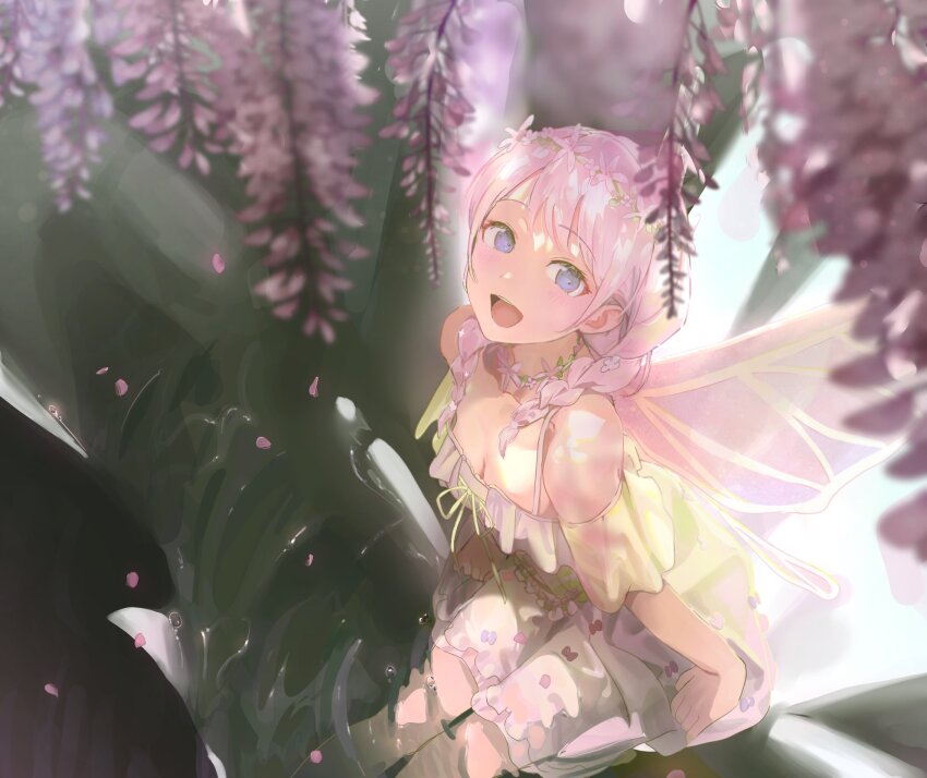 1girl alternate_costume bang_dream! blue_eyes braid fairy_wings highres looking_at_viewer nature oikuze open_mouth outdoors sitting solo twin_braids wakamiya_eve water white_hair wings