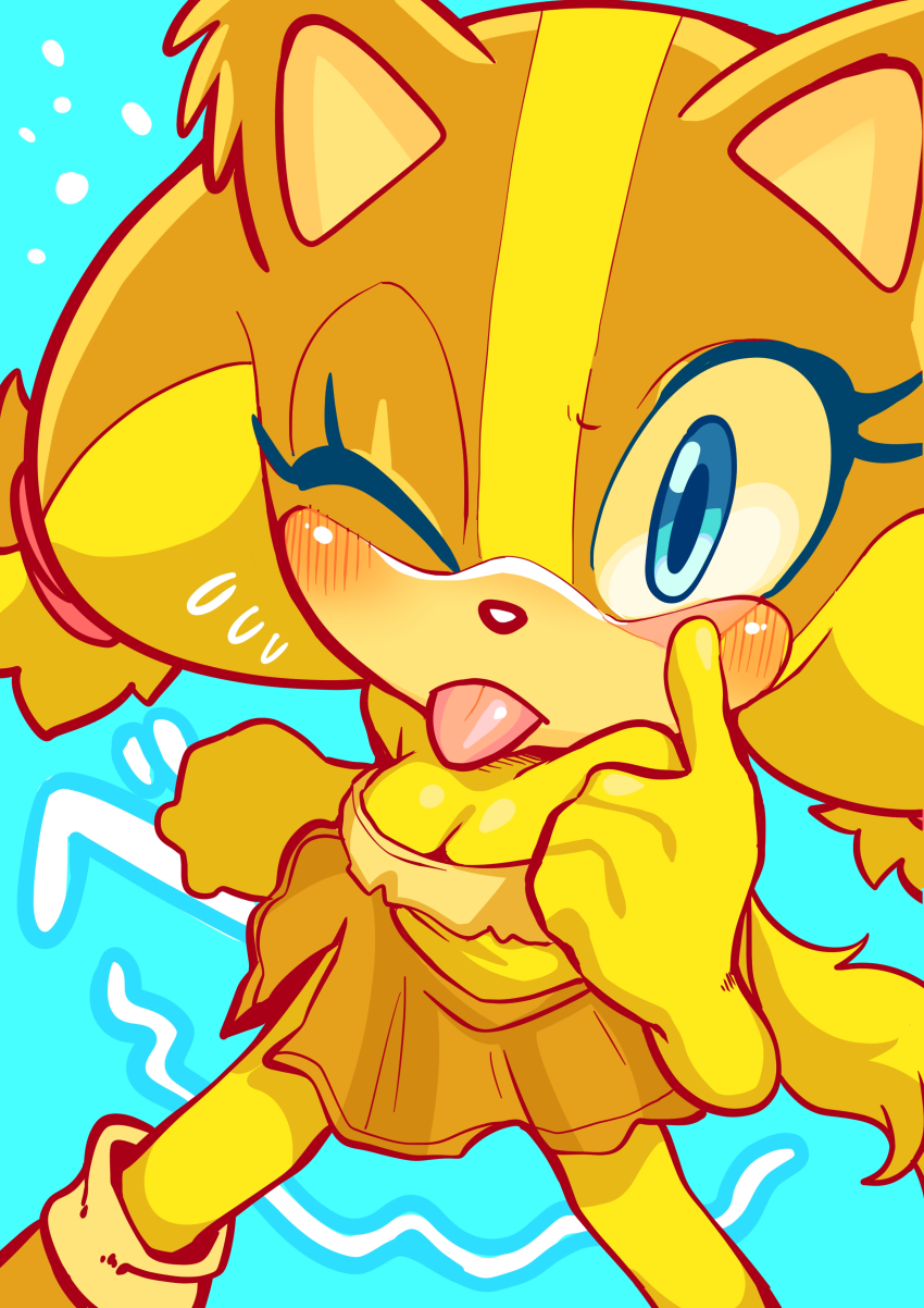 absurdres artist_request blue_eyes blush brown_fur hair_tie highres jungle_girl legs making_fun_of orange_fur sega shoes skirt sonic_(series) sonic_boom_(series) sticks_the_badger strapless tongue tongue_out tube_top twintails