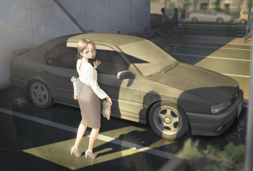 1girl 3girls bag brown_footwear brown_hair brown_skirt car car_keys commentary_request high_heels highres holding holding_key holding_shoes holding_unworn_clothes jettoburikku key license_plate motor_vehicle multiple_girls nissan nissan_primera office_lady original outdoors parking_lot pencil_skirt road shadow shirt shoes shopping_bag short_hair skirt spoiler_(automobile) sunset traffic unworn_shoes vehicle_focus white_footwear white_shirt