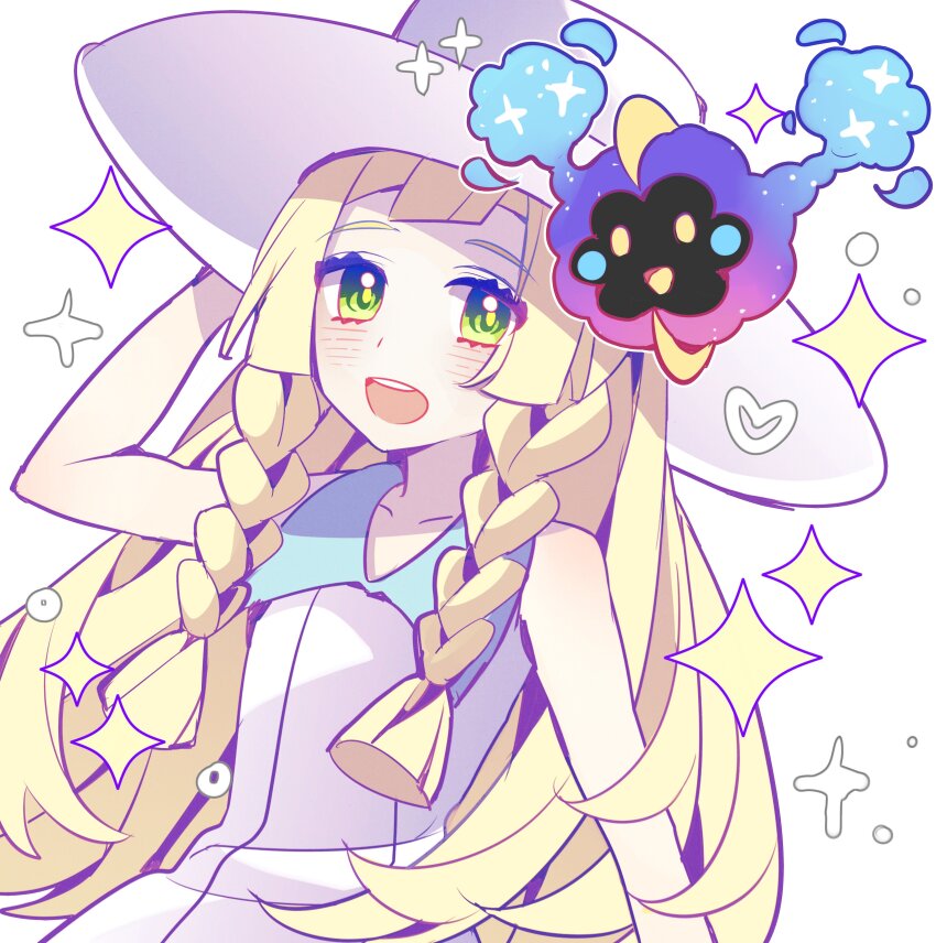 1girl absurdres blonde_hair braid collared_dress cosmog dress gen_7_pokemon green_eyes hand_on_headwear hat highres legendary_pokemon lillie_(pokemon) nintendo pkm_lemon pokemon pokemon_(creature) pokemon_sm sleeveless sleeveless_dress star_(symbol) sun_hat sundress twin_braids white_background white_dress white_hat