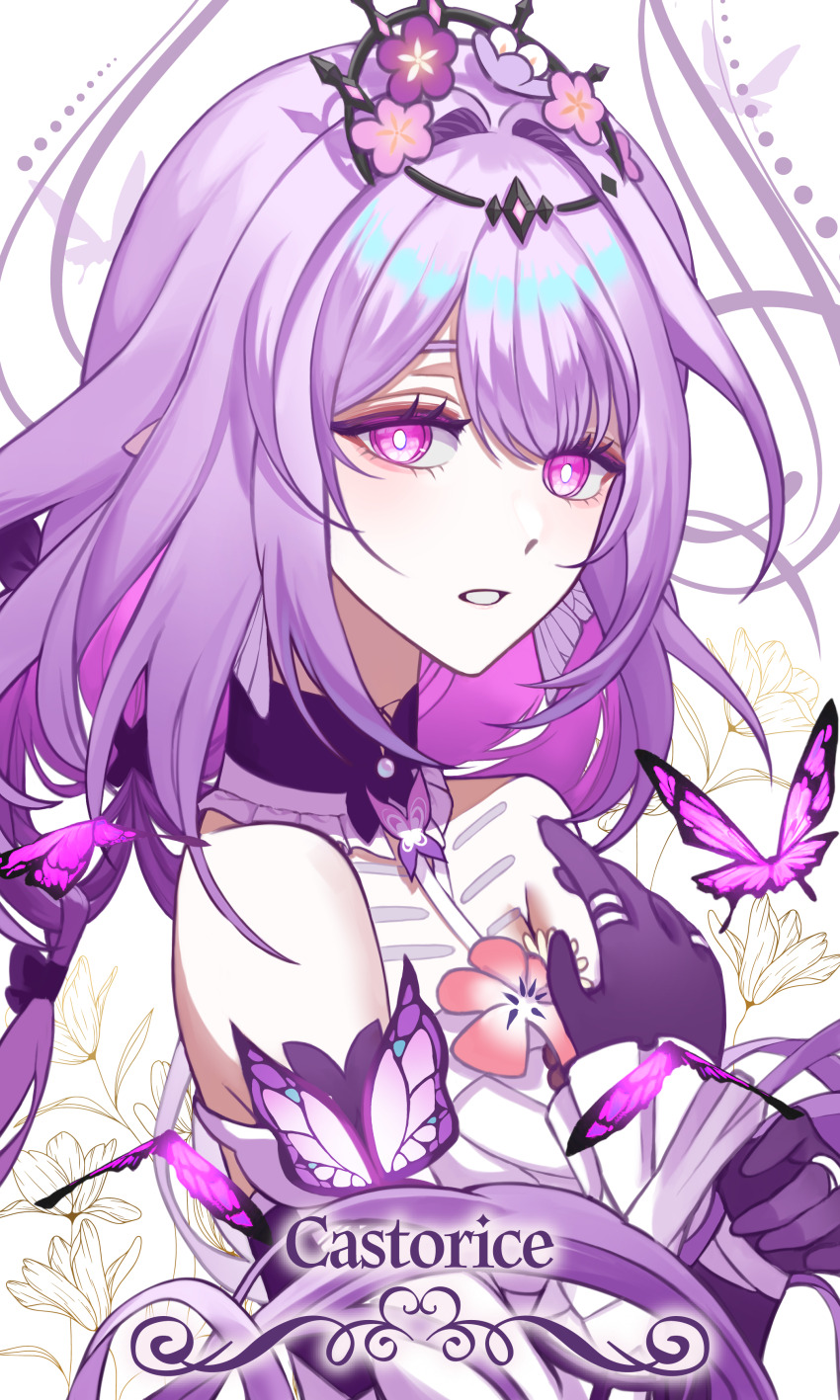 1girl absurdres bare_shoulders black_tiara bow breasts bug butterfly butterfly_earrings butterfly_ornament castorice_(honkai:_star_rail) character_name colored_inner_hair detached_sleeves dress earrings floral_background flower from_side gloves hair_between_eyes hair_bow hair_flower hair_ornament hands_up heart highres honkai:_star_rail honkai_(series) insect jewelry long_hair long_sleeves looking_at_viewer low_twintails medium_breasts multicolored_hair pink_flower purple_bow purple_butterfly purple_eyes purple_flower purple_gloves purple_hair sleeveless sleeveless_dress solo teeth tiara twintails upper_body white_background white_dress white_sleeves yuseol_art