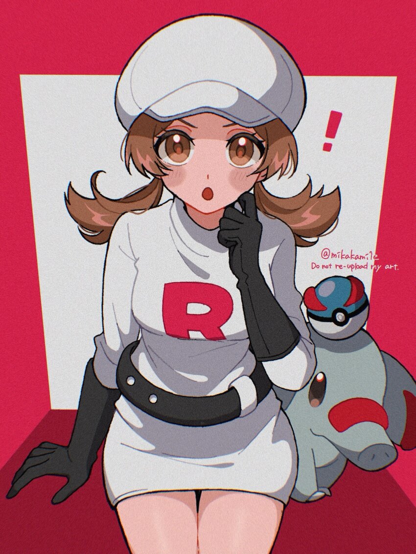 ! 1girl :o arm_support black_gloves blush_stickers breasts brown_eyes brown_hair cowboy_shot game_freak gen_2_pokemon gloves great_ball hat highres looking_at_viewer lyra_(pokemon) medium_hair mikakami1e nintendo phanpy poke_ball pokemon pokemon_masters_ex red_background skirt small_breasts solo_focus team_rocket team_rocket_uniform thighs twintails twitter_username watermark white_background white_hat white_skirt