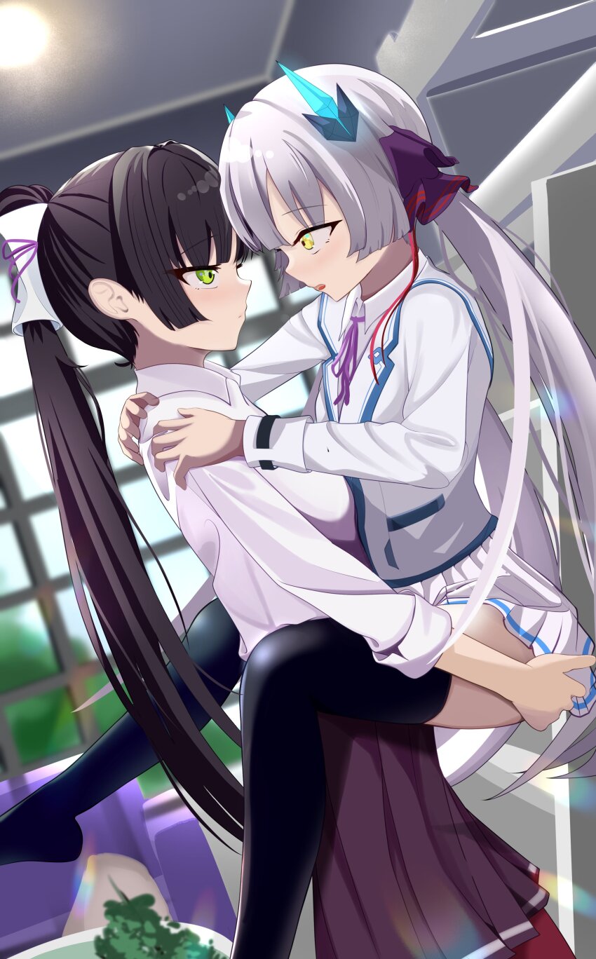 2girls absurdres black_hair blunt_bangs blush green_eyes heaven_burns_red highres horns indoors lifting_person lilyhoney long_hair multiple_girls natsume_inori neck_ribbon ogasawara_hisame pantyhose ponytail red_pantyhose ribbon robe shirt skirt twintails white_hair white_shirt yellow_eyes yuri