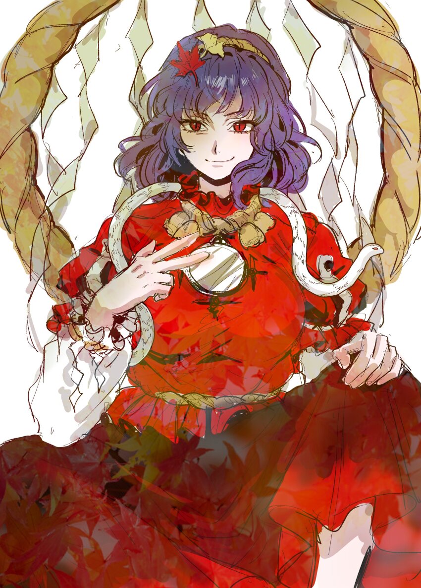 1girl absurdres breasts highres kuya_(hey36253625) long_skirt looking_at_viewer mirror mountain_of_faith purple_hair short_hair simple_background skirt smile snake solo touhou white_background white_snake yasaka_kanako
