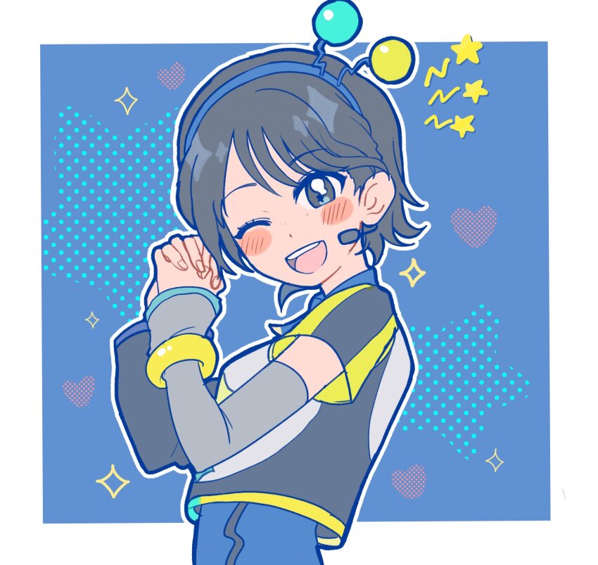 1girl black_eyes black_hair blush border commentary_request fingernails hairband headset heart highres interlocked_fingers looking_at_viewer love_live! love_live!_superstar!! one_eye_closed ookuma_wakana outside_border own_hands_together real_life short_hair short_sleeves smile solo sparkle star_(symbol) techimi teeth upper_body upper_teeth_only vitamin_summer! voice_actor voice_actor_connection white_border