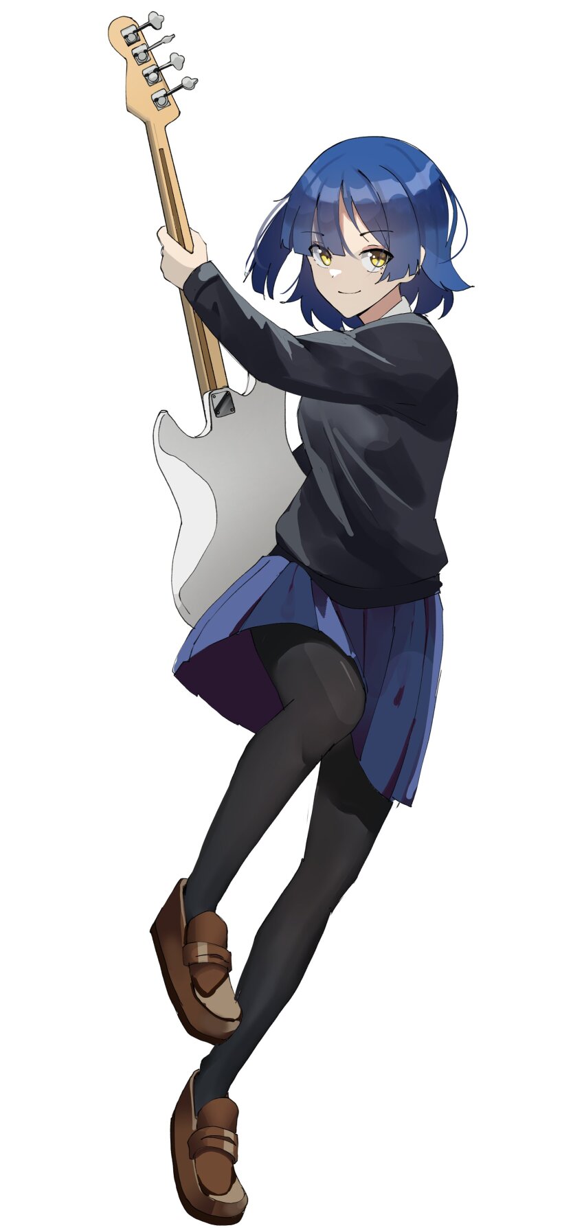 1girl absurdres bass_guitar black_pantyhose black_sweater blue_hair blue_skirt bocchi_the_rock! brown_shoes commentary electric_bass_guitar full_body gar32 highres holding holding_bass_guitar holding_instrument instrument loafers looking_at_viewer pantyhose pleated_skirt shoes simple_background skirt smile solo sweater symbol-only_commentary white_background yamada_ryo yellow_eyes