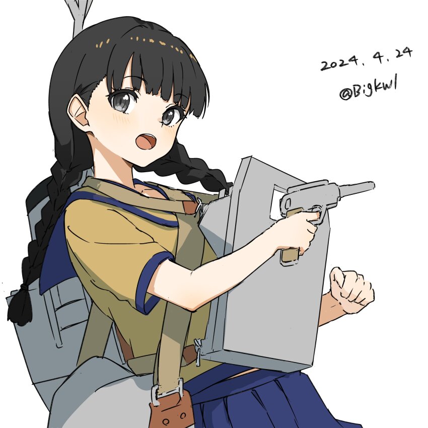 1girl absurdres bigkwl black_hair blue_sailor_collar blue_skirt braid brown_eyes brown_shirt dated gun highres kantai_collection landing_gear landing_ship_no._101_(kancolle) long_hair looking_at_viewer low_twintails machinery mast one-hour_drawing_challenge open_mouth sailor_collar school_uniform serafuku shirt simple_background skirt smokestack solo twin_braids twintails twitter_username weapon white_background