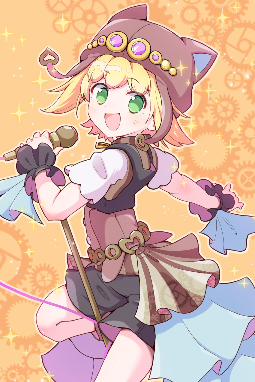 1girl :d absurdres amitie_(puyopuyo) amitie_(steam_city)_(puyopuyo) animal_ear_headwear animal_ears aviator_cap black_shorts black_wrist_cuffs blonde_hair brown_hat cat_ears cowboy_shot double-parted_bangs fake_animal_ears flipped_hair frilled_wrist_cuffs frills gear_background gears happy hat highres holding holding_microphone jazz_grace knee_up layered_clothes looking_at_viewer microphone microphone_stand no_pupils official_alternate_costume open_mouth orange_background outline outstretched_arm puyopuyo puyopuyo_quest short_hair short_sleeves shorts showgirl_skirt smile solo sparkle split_mouth steampunk turning_around vest white_outline wind wrist_cuffs