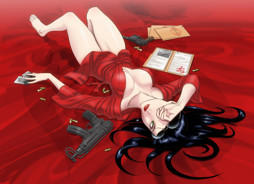 1girl barefoot baroness_(g.i._joe) bathrobe bed_sheet black_hair breasts bullet dutch_angle envelope eyewear_on_head female_focus full_body g.i._joe glasses green_eyes gun hand_on_forehead handgun knees_up lipstick long_hair looking_at_viewer lying machine_pistol makeup manila_envelope mauser_c96 no_bra on_back photo_(object) pistol polarityplus red_lips skorpion_vz._61 solo submachine_gun upside-down weapon