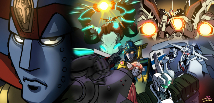 absurdres av-98_ingram big_o_(mecha) clenched_hand dann_of_thursday frown getter_robo giant_robo giant_robo_(mecha) glowing glowing_eyes gunxsword hades_project_zeorymer highres jazz_jack kidou_keisatsu_patlabor mecha mecha_focus might_gaine no_humans punching robot shin_getter-1 shin_getter_robo signature stoner_sunshine super_robot the_big_o yuusha_series yuusha_tokkyuu_might_gaine zeorymer