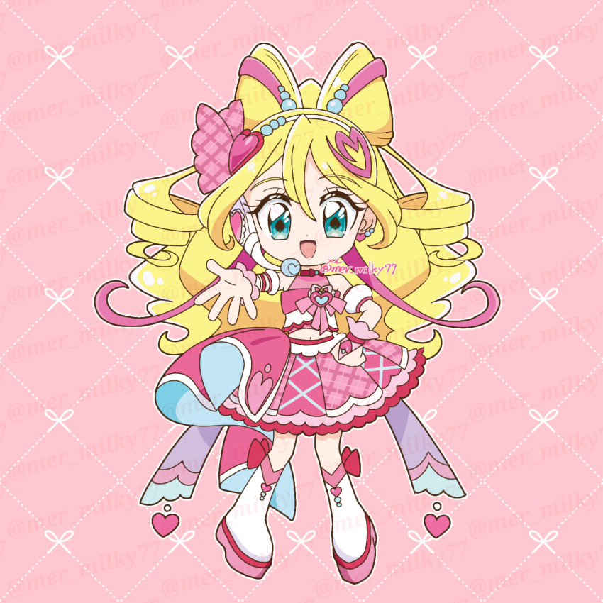 1girl aqua_eyes back_bow bare_shoulders beads blonde_hair boots bow bow-shaped_hair bow_choker bowtie bracelet bridal_gauntlets brooch choker commentary_request cropped_shirt cure_idol deformed detached_sleeves dot_nose earrings eyelashes footwear_bow frilled_bridal_gauntlets frilled_skirt frills hair_beads hair_between_eyes hair_ornament hair_ribbon hairclip hand_on_own_hip happy headset heart heart_brooch heart_earrings heart_hair_ornament heart_print highres jewelry kimi_to_idol_precure knee_boots layered_skirt long_hair magical_girl meru_(mer_milky77) midriff miniskirt multiple_earrings navel offering_hand open_mouth outline outstretched_hand palms pink_background pink_bow pink_bowtie pink_bridal_gauntlets pink_choker pink_ribbon pink_shirt pink_skirt pink_theme plaid_clothes plaid_ribbon plaid_skirt ponytail precure puffy_short_sleeves puffy_sleeves ribbon sakura_uta_(precure) shirt short_sleeves simple_background skirt sleeveless sleeveless_shirt smile solo sphere_earrings standing tareme twitter_username very_long_hair watermark watermark_grid white_boots white_headphones white_outline white_sleeves