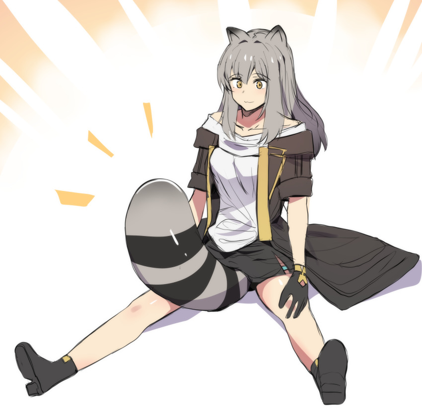 1girl absurdres animal_ears between_legs black_boots black_jacket boots collarbone grey_hair highres hinghoi honkai:_star_rail honkai_(series) jacket kemonomimi_mode long_hair off-shoulder_shirt off_shoulder open_clothes open_jacket raccoon_ears raccoon_tail sexually_suggestive shirt short_sleeves sitting smile solo stelle_(honkai:_star_rail) tail tail_between_legs trailblazer_(honkai:_star_rail) white_background white_shirt yellow_eyes