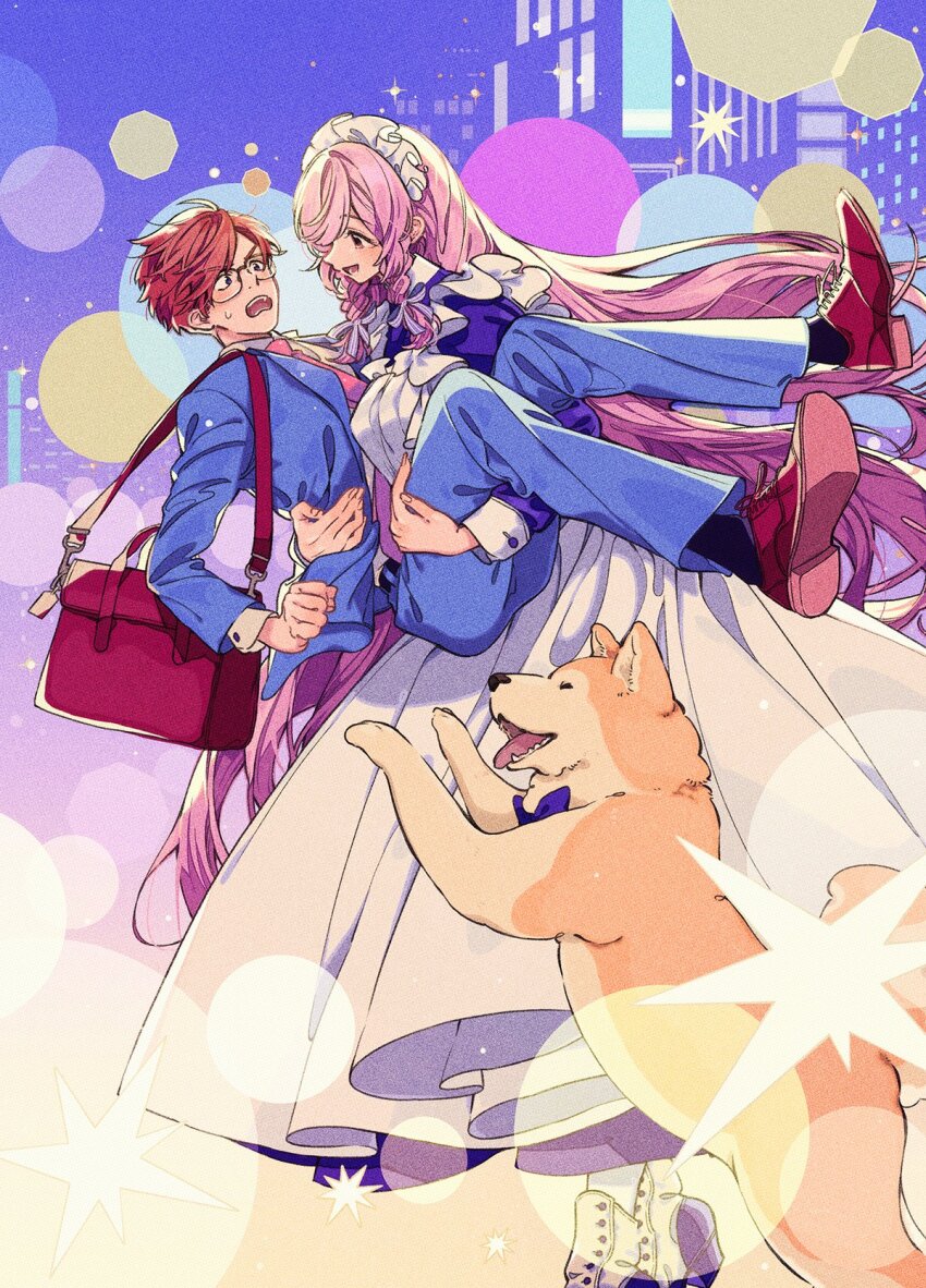 1boy 1girl animal apron bag blue_suit blurry bokeh bow bowtie braid carrying city_lights couple depth_of_field dog eye_contact formal_clothes glasses hair_ribbon highres keishin long_hair looking_at_another maid maid_apron maid_headdress necktie open_mouth original pink_hair princess_carry purple_bow purple_bowtie red_footwear red_hair red_tie ribbon shiba_inu shirt short_hair shoulder_bag smile sparkle suit sweatdrop twin_braids very_long_hair white_ribbon white_shirt