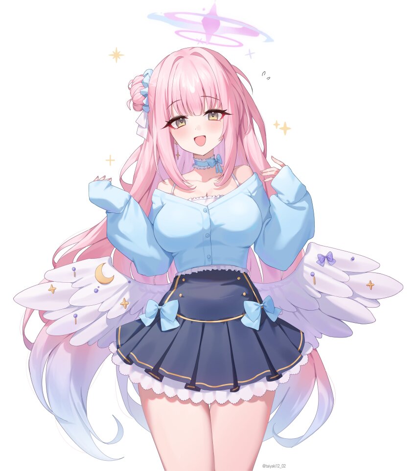 1girl absurdres alternate_costume angel_wings artist_name blue_archive blue_bow blue_choker blue_scrunchie blue_shirt blue_skirt bow bow_on_wing breasts casual choker commentary earrings feathered_wings fingernails flying_sweatdrops frilled_choker frills gradient_hair hair_bun hair_ornament hair_ribbon hair_scrunchie halo high-waist_skirt highres jewelry large_breasts long_hair long_sleeves looking_at_viewer low_wings mika_(blue_archive) multicolored_hair nail_polish off-shoulder_shirt off_shoulder open_mouth pink_hair pink_halo pink_nails purple_bow ribbon scrunchie shirt simple_background single_side_bun skirt sleeves_past_wrists smile solo taiyaki12 twitter_username very_long_hair white_background white_ribbon white_shirt white_wings wings yellow_eyes