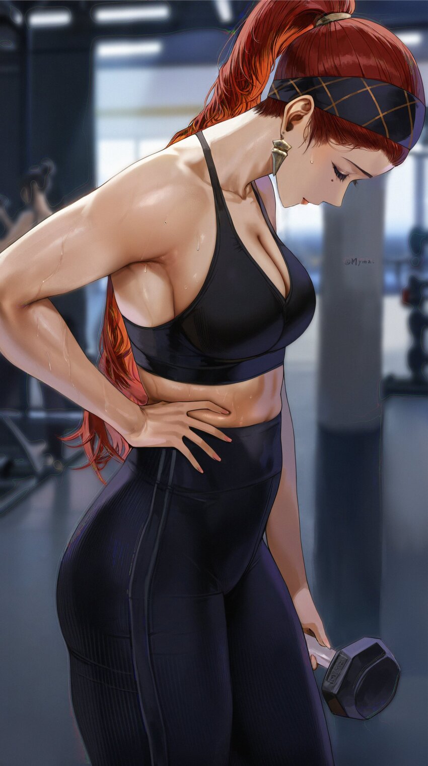2girls absurdres armpits black_sports_bra blurry blurry_background breasts cleavage closed_eyes dumbbell earrings exercising facing_down gold_earrings gym hand_on_own_hip highres holding holding_dumbbell jewelry large_breasts long_hair mole mole_under_eye multiple_girls mymzi pants ponytail red_hair solo_focus sports_bra sweat twitter_username weightlifting wuthering_waves yinlin_(wuthering_waves) yoga_pants