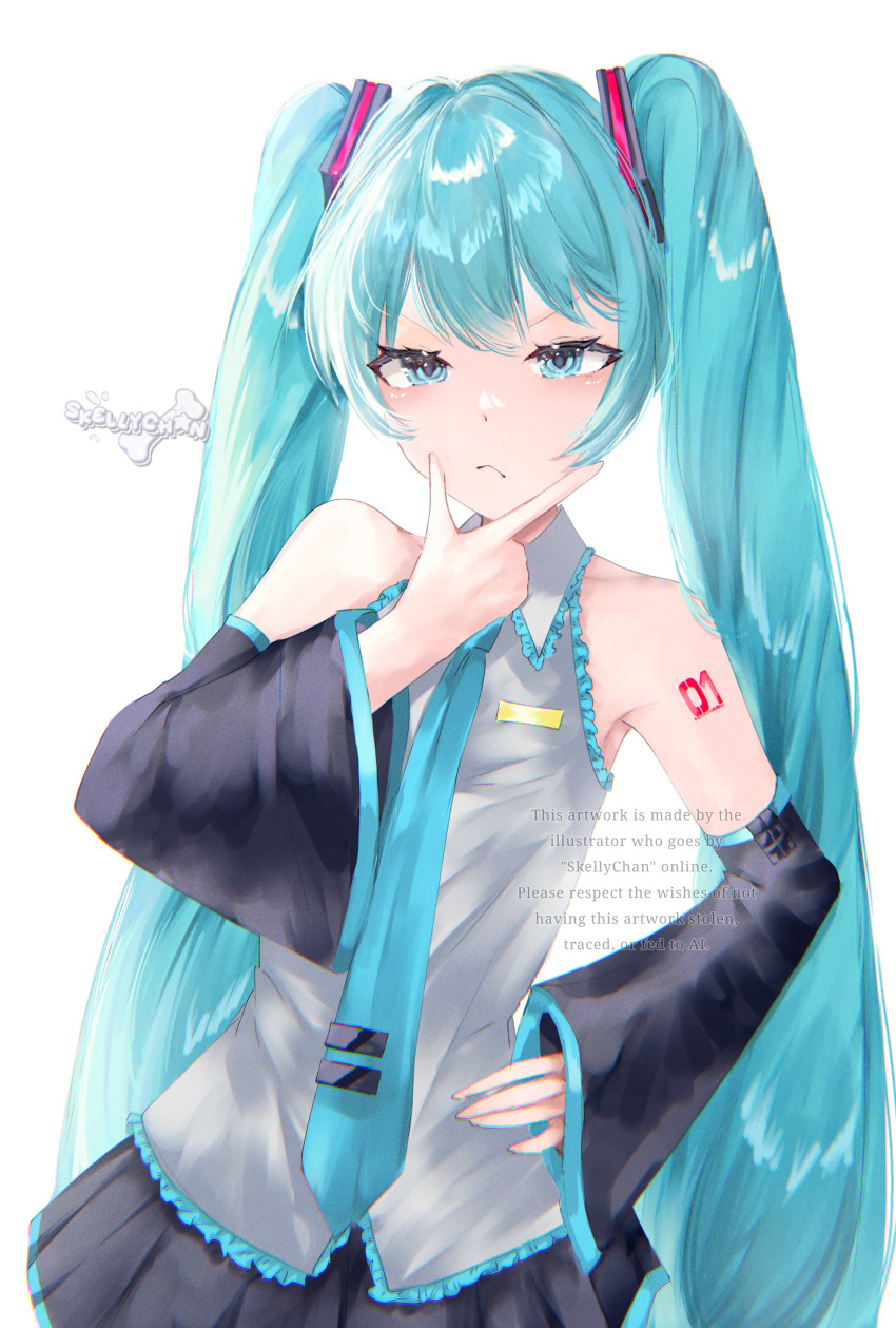 1girl absurdres aqua_eyes aqua_hair aqua_necktie detached_sleeves grey_shirt hatsune_miku highres long_hair necktie number_tattoo self-upload shirt skellychan solo tattoo thinking twintails vocaloid watermark white_background