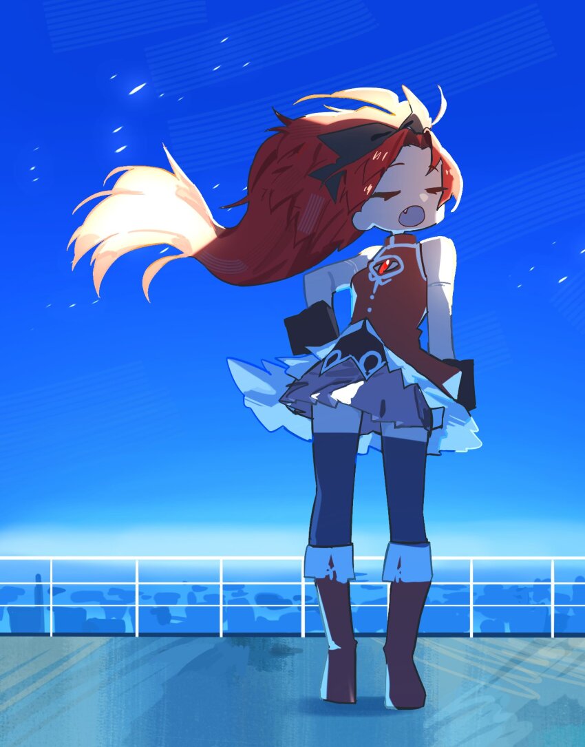 1girl bare_shoulders black_thighhighs blue_sky boots closed_eyes detached_sleeves dress frilled_dress frills full_body hair_ribbon highres knee_boots long_hair magical_girl mahou_shoujo_madoka_magica mahou_shoujo_madoka_magica_(anime) moettimae open_mouth outdoors pink_skirt ponytail red_boots red_dress red_hair ribbon sakura_kyoko sakura_kyoko_(magical_girl) skirt sky sleeveless sleeveless_dress solo soul_gem standing thighhighs wind