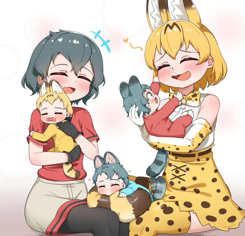 absurdres animal_ears animal_print baby baby_carry black_hair blonde_hair blush bow bowtie carrying carrying_baby carrying_person cheek_pull child chis_(js60216) closed_eyes couple elbow_gloves extra_ears gloves hat heart highres if_they_mated kaban_(kemono_friends) kemono_friends mother_and_child mother_and_daughter multiple_girls open_mouth pacifier print_bow print_bowtie red_shirt science_babies serval_(kemono_friends) shirt short_hair short_sleeves skirt sleeveless sleeveless_shirt smile tail tail_wrap thighhighs wife_and_wife yuri