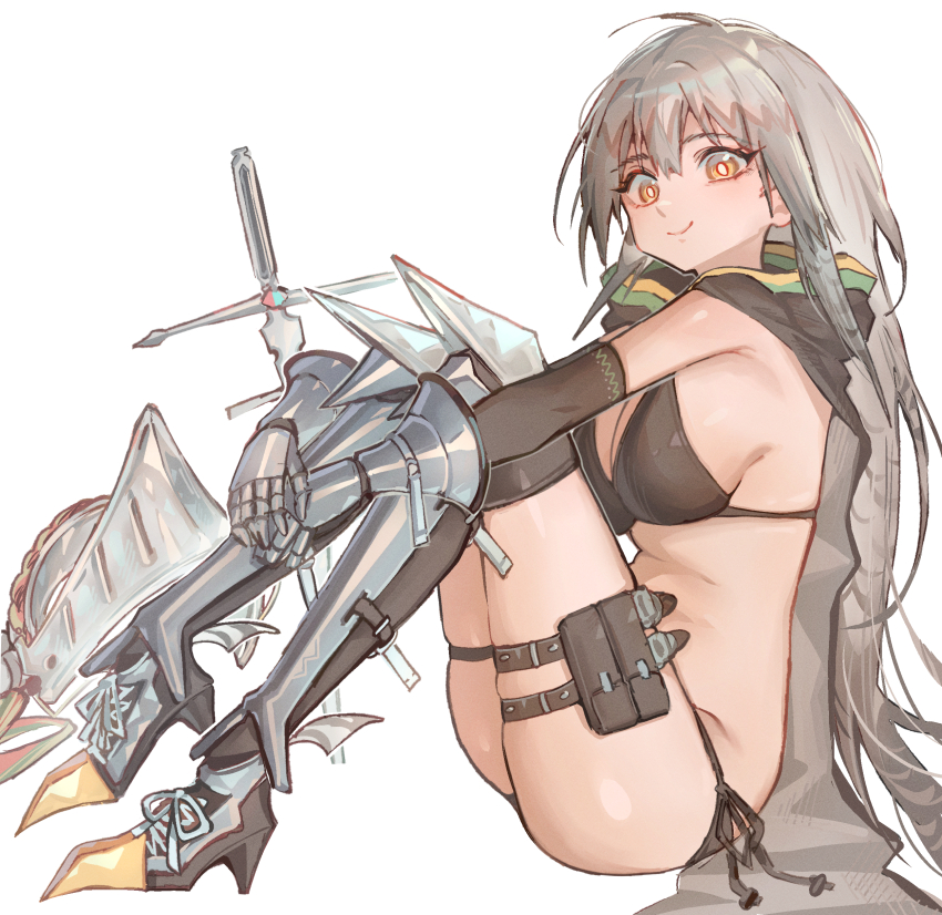 1girl absurdres arknights armor armored_boots bikini bikini_armor boots breasts bright_pupils cape commentary_request fartooth_(arknights) from_side full_body gauntlets grey_hair highres hugging_own_legs kaguura_(kagu) leg_armor legband long_hair looking_at_viewer planted planted_sword planted_weapon revision side-tie_bikini_bottom simple_background sitting skindentation smile solo swimsuit sword thigh_boots unworn_headwear weapon white_background white_pupils yellow_eyes