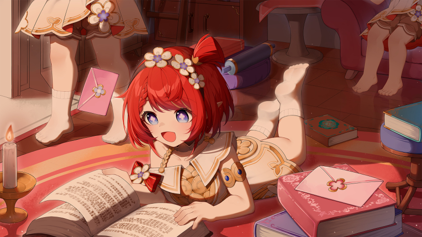 3girls barefoot blue_eyes book candle candlestand commentary couch dress feet head_wreath highres honkai:_star_rail honkai_(series) indoors letter lying multiple_girls muou on_couch on_stomach open_book open_mouth pointy_ears reading red_hair scroll short_hair sitting socks standing symbol-only_commentary the_pose toes trianne_(honkai:_star_rail) tribbie_(honkai:_star_rail) trinnon_(honkai:_star_rail) white_dress white_socks