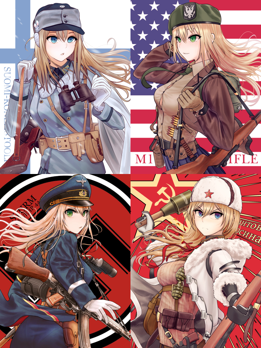 &gt;:( 4girls absurdres american_flag ammunition_pouch assault_rifle averting_eyes bad_id bad_pixiv_id bag belt belt_buckle belt_pouch binoculars blonde_hair blue_eyes blue_skirt bolt_action breasts brown_belt buckle canteen character_name clip_(weapon) closed_mouth coat coat_of_arms commentary commentary_request cowboy_shot cyrillic earmuffs en_bloc_clip explosive field_cap finnish_flag finnish_text flag_background fragmentation_grenade from_side fur_collar fur_hat fur_trim girls&#039;_frontline gloves green_eyes green_neckwear grenade grenade_pin gun gun_sling hair_between_eyes hair_tie hammer_and_sickle hand_grenade hand_in_own_hair handgun hat highres holding holding_grenade holding_weapon holster holstered hood hood_down hooded_coat jacket knife load_bearing_equipment long_hair looking_back looking_to_the_side m1911 m1_garand m1_garand_(girls&#039;_frontline) md5_mismatch military military_hat military_jacket military_uniform mk_2_grenade mod3_(girls&#039;_frontline) mosin-nagant mosin-nagant_(girls&#039;_frontline) mosin-nagant_(mod3)_(girls&#039;_frontline) multiple_girls multiple_straps necktie open_clothes open_coat over_shoulder pantylines pistol pouch red_background red_bag red_neckwear red_star revolver ribbed_sweater rifle satchel side_ponytail sidelocks skirt smile star_(symbol) stg44 stg44_(girls&#039;_frontline) stick_grenade stielhandgranate submachine_gun suomi_(girls&#039;_frontline) suomi_kp/-31 swastika sweater turisasu united_states ushanka weapon weapon_over_shoulder white_background white_coat white_gloves white_headwear