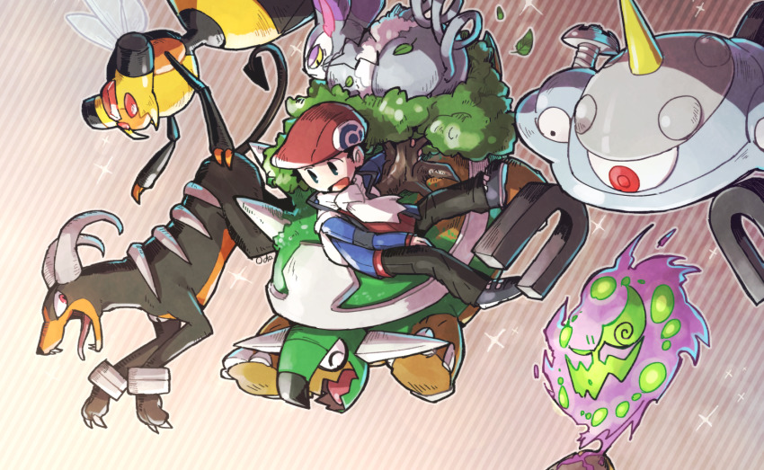 1boy black_eyes blue_jacket commentary_request gen_2_pokemon gen_4_pokemon grey_footwear hat houndoom jacket looking_to_the_side lucas_(pokemon) magnezone male_focus nintendo no_humans odo_7ta open_mouth pants pokemon pokemon_(creature) pokemon_dppt pokemon_platinum purugly red_headwear riding riding_pokemon scarf shoes signature sitting smile sparkle spiritomb tongue torterra vespiquen white_scarf