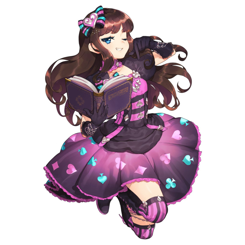 1girl black_boots black_gloves blue_eyes book boots brown_hair club_(shape) detached_collar diamond_(shape) dress full_body gloves grin hair_ornament heart heart_hair_ornament highres hitoto holding holding_book knee_boots kurosu_aroma long_hair looking_at_viewer one_eye_closed open_book open_mouth pink_dress pink_thighhighs pointing pointing_down pretty_series pripara puffy_short_sleeves puffy_sleeves short_sleeves simple_background smile solo spade_(shape) thighhighs white_background