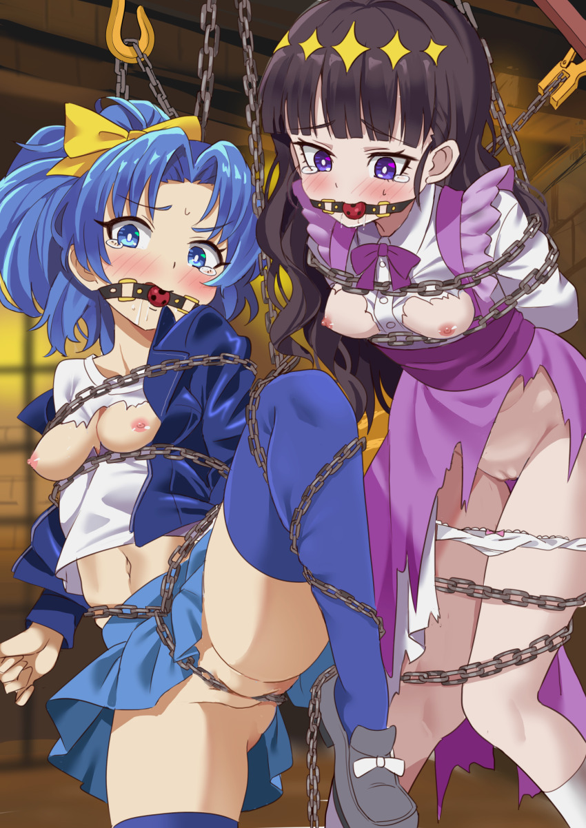 2girls arms_at_sides arms_up ass ball_gag bdsm belly blue_eyes blue_hair blue_jacket blue_panties blue_skirt blue_thighhighs blunt_bangs blush bondage bound bound_arms bound_legs bound_together bound_torso bow bow_panties bowtie breasts breasts_out censored chain clothes_lift collared_shirt commission crotch_rope delicious_party_precure dress drooling dungeon embarrassed female_focus gag gagged gluteal_fold hair_ornament high_ponytail highres jacket kasai_amane kneehighs layered_dress leg_up legs long_hair long_sleeves looking_ahead looking_at_viewer looking_down medium_breasts medium_hair messy_hair midriff midriff_peek miniskirt mosaic_censoring multiple_girls navel nervous nervous_smile nervous_sweating nipples nipples_visible_through_shirt no_panties open_mouth panties panties_around_leg pantyshot pelvic_curtain perky_breasts pink_bow pixiv_commission pleated_skirt ponytail precure purple_bow purple_bowtie purple_dress purple_eyes purple_hair pussy restrained saliva saliva_trail shimouki_izui shirt shoes sidelocks skin_tight skindentation skirt skirt_lift smile socks stomach straight_hair striped_clothes striped_panties struggling suspended_congress suspension sweat sweatdrop tategami_aoi thigh_gap thighhighs thighs tiara tongue torn_clothes torn_dress torn_shirt underwear upskirt white_dress white_panties white_shirt white_socks