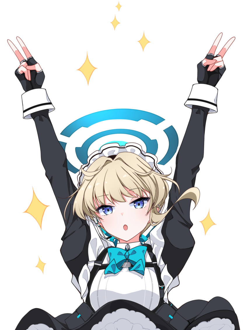 1girl apron arms_up black_dress black_gloves blonde_hair blue_archive blue_eyes blue_ribbon blush bow bowtie braid breasts bun_cover chest_harness double_v dress earpiece fingerless_gloves gloves hair_bun hair_ribbon halo harness highres juliet_sleeves long_sleeves looking_at_viewer maid_headdress mutou_kurihito open_mouth pouch puffy_sleeves ribbon short_hair single_hair_bun small_breasts solo sparkle toki_(blue_archive) v white_apron