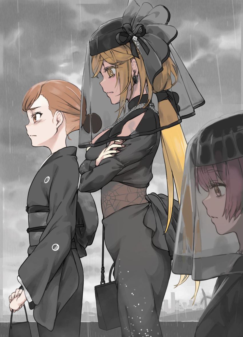 3girls bag black_dress black_kimono blonde_hair brown_eyes brown_hair commentary_request cover cover_page crossed_arms dress earrings from_side funeral funeral_dress funeral_kimono funeral_veil haimura_kiyotaka hair_bun handbag highres japanese_clothes jewelry kimono long_hair low_ponytail misaka_mikoto mourning multiple_girls novel_cover obi obijime official_art pink_hair ponytail rain sad sash shokuhou_misaki short_hair spider_web_print spoilers star-shaped_pupils star_(symbol) symbol-shaped_pupils toaru_majutsu_no_index toaru_majutsu_no_index:_genesis_testament tsukuyomi_komoe veil yellow_eyes