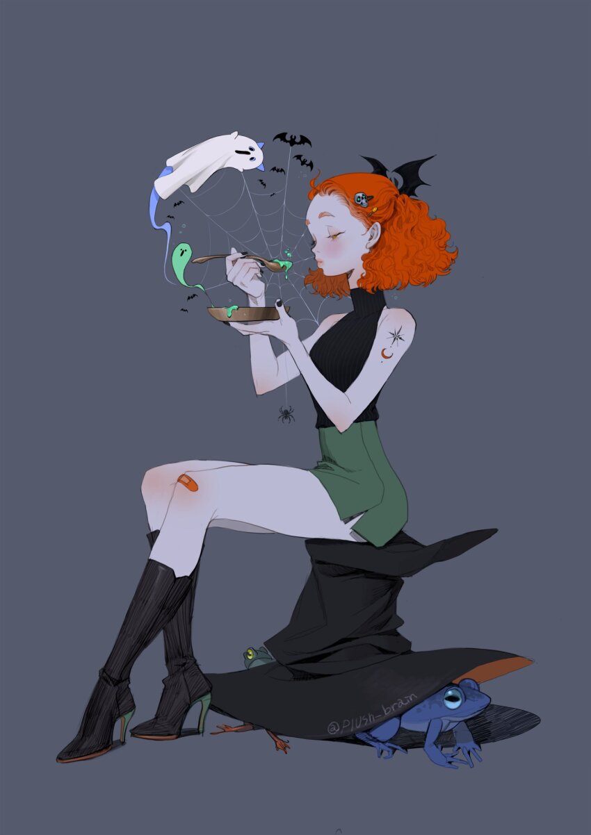 1girl animal arm_tattoo bad_food bandaid bandaid_on_leg bat_(animal) black_boots black_nails boots commentary crescent_tattoo curly_hair forehead frog from_side full_body ghost glint green_skirt hair_ornament hairclip half-closed_eyes hat high_heel_boots high_heels highres holding holding_plate holding_spoon nail_polish orange_eyes orange_hair original plate plush_brain silk simple_background skirt skull_hair_ornament sleeveless sleeveless_sweater solo spider_web spoon sweater symbol-only_commentary tattoo turtleneck turtleneck_sweater witch_hat