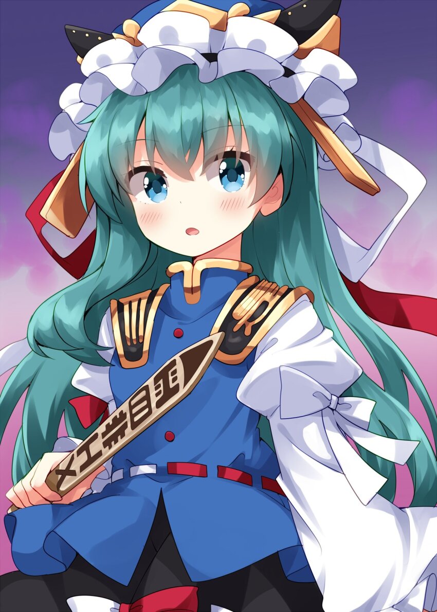 1girl alternate_hair_length alternate_hairstyle black_skirt blue_eyes blue_hat blue_vest blush bow commentary_request frilled_hat frills green_hair hat highres holding juliet_sleeves long_hair long_sleeves looking_at_viewer open_mouth puffy_sleeves purple_background ribbon-trimmed_skirt ribbon_trim rod_of_remorse ruu_(tksymkw) shiki_eiki shirt skirt sleeve_bow solo touhou upper_body vest white_bow white_shirt