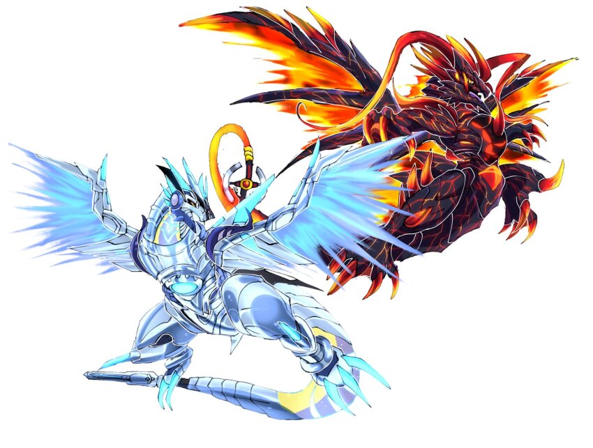 claws digimon dragon fusion highres koraidon metallicdramon miraidon nintendo pokemon simple_background tail volcanicdramon white_background wings
