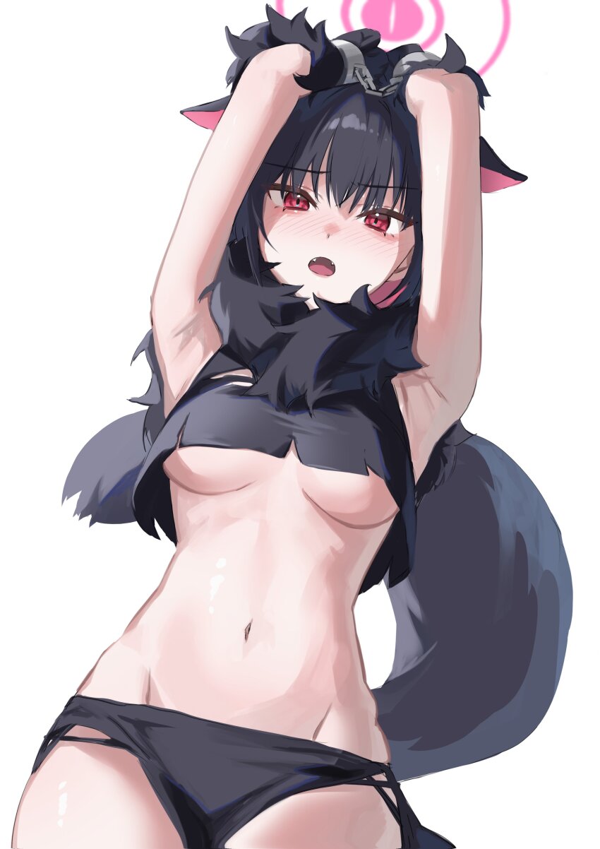 absurdres animal_ears armpits arms_up black_claws black_hair black_shirt black_skirt black_tail blue_archive cat_ears chain colored_inner_animal_ears colored_inner_hair cow cuffs extra_ears fake_claws fur-trimmed_gloves fur_scarf fur_sleeves fur_trim gloves halloween_costume halo highres hyuji_0w0 imminent_wardrobe_malfunction kazusa_(blue_archive) kazusa_(halloween)_(blue_archive) looking_at_viewer multicolored_hair navel pink_hair pink_halo red_eyes shackles shirt skirt sleeveless sleeveless_shirt torn_clothes torn_shirt werewolf_costume white_background