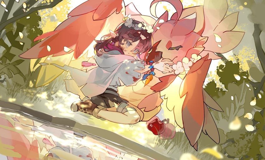 1girl aged_down alternate_costume apple arms_up bandaged_leg bandages black_shorts blood blood_on_face blood_stain blue_eyes boots bracelet brown_boots capelet chasca_(genshin_impact) chinese_commentary dappled_sunlight food from_side fruit genshin_impact grass hair_between_eyes head_wreath highres hood hood_down hug jewelry long_hair looking_to_the_side on_grass on_ground outdoors pointy_ears pond purple_hair qucusaurus_(genshin_impact) reflection saucer_(saucer752) shorts single_tear sitting solo sunlight tearing_up wariza water wavy_hair white_capelet
