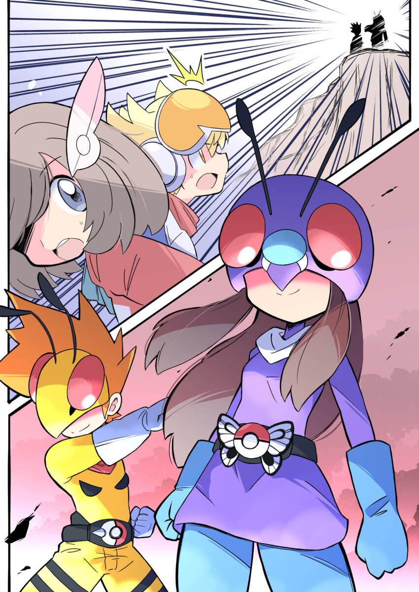 2boys 2girls barry_(pokemon) barry_(special_costume)_(pokemon) bee beedrill beedrill_(cosplay) black_eyes black_hair blonde_hair blue_bodysuit blue_gloves blue_oak bodysuit brown_hair bug butterfly butterfree butterfree_(cosplay) compound_eyes cosplay dress gen_1_pokemon gloves hair_ornament henshin_pose highres insect kamen_rider leaf_(pokemon) long_hair multiple_boys multiple_girls nintendo official_alternate_costume open_mouth orange_scarf parody pokemon pokemon_masters_ex purple_dress rascal_(feuille) red_dress rider_belt scarf selene_(pokemon) selene_(special_costume)_(pokemon) short_hair smile spiked_hair superhero_costume teeth two-tone_dress white_dress white_gloves