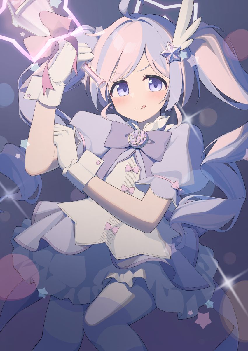 1girl absurdres blue_archive blue_hair blush bow clenched_hand closed_mouth drill_hair gloves halo highres holding_own_arm hotarihotaru jacket long_hair looking_at_viewer multicolored_hair official_alternate_costume official_alternate_hairstyle purple_bow purple_eyes purple_hair purple_halo purple_jacket purple_skirt purple_thighhighs reisa_(blue_archive) reisa_(magical)_(blue_archive) shirt short_sleeves skirt smile solo striped_clothes striped_thighhighs thighhighs tongue tongue_out twin_drills two-tone_hair white_gloves white_shirt