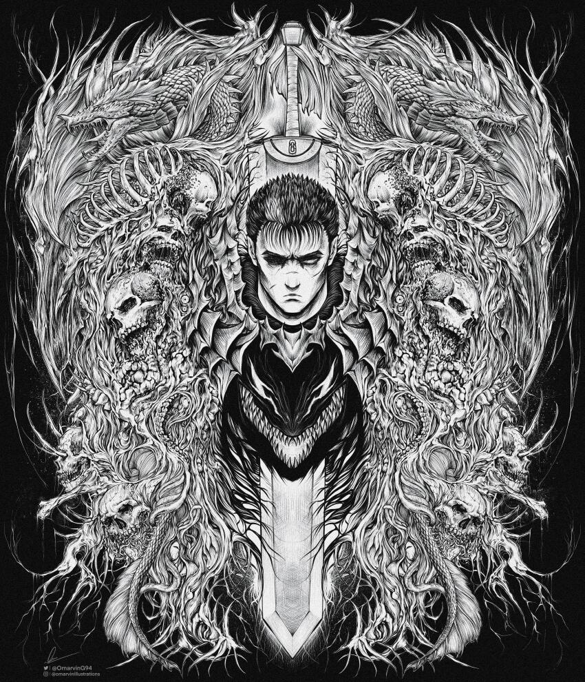 1boy absurdres berserk commentary crosshatching dragon dragonslayer_(sword) english_commentary facial_scar frown greyscale guts_(berserk) hatching_(texture) highres instagram_username male_focus marvin_(omarvin) monochrome one_eye_closed ribs scar scar_on_cheek scar_on_face scar_on_nose sharp_teeth signature skull teeth twitter_username